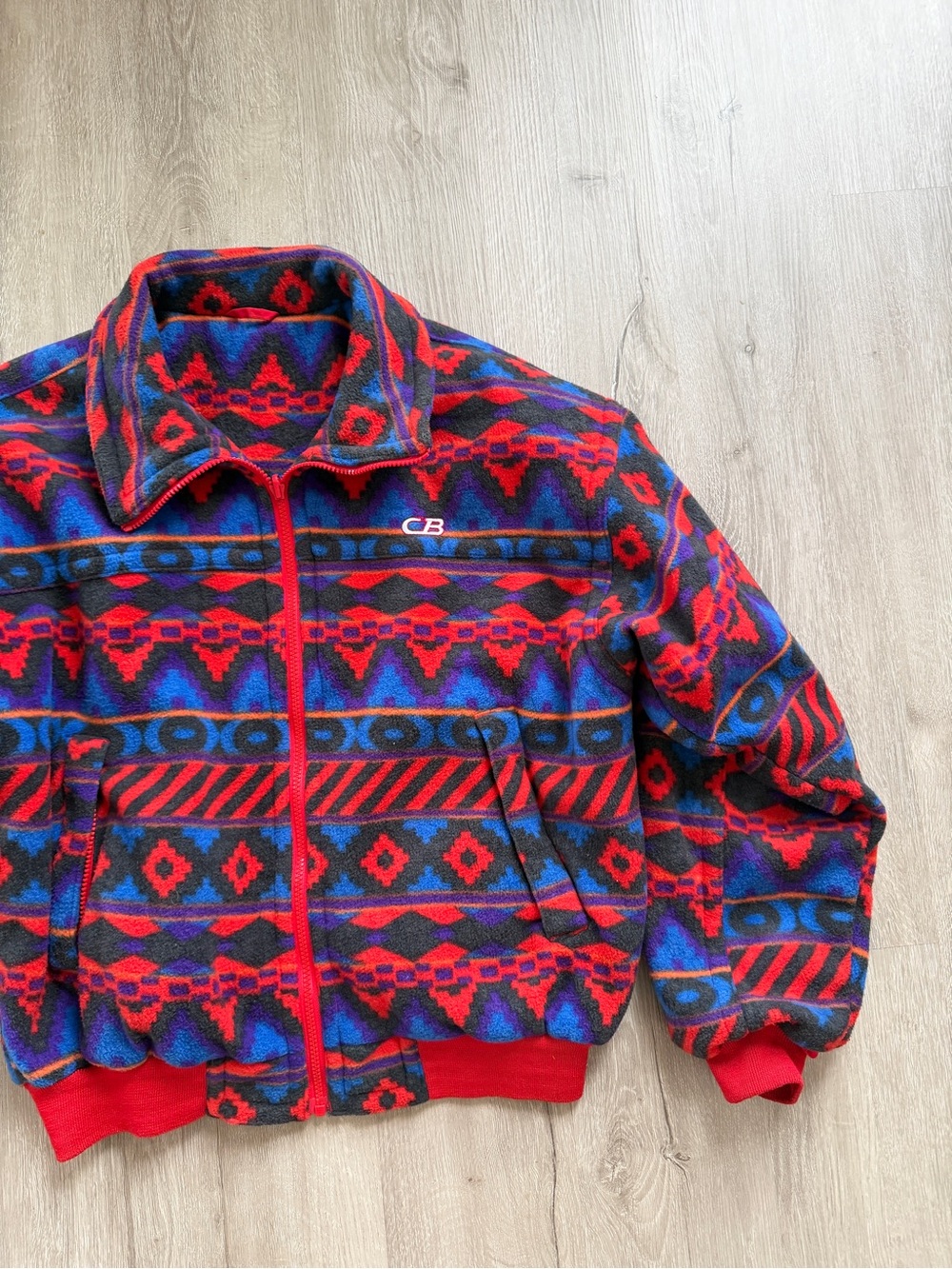 Vintage CB Sports Fleece Jacket Red Blue Aztec Pattern Mens Medium